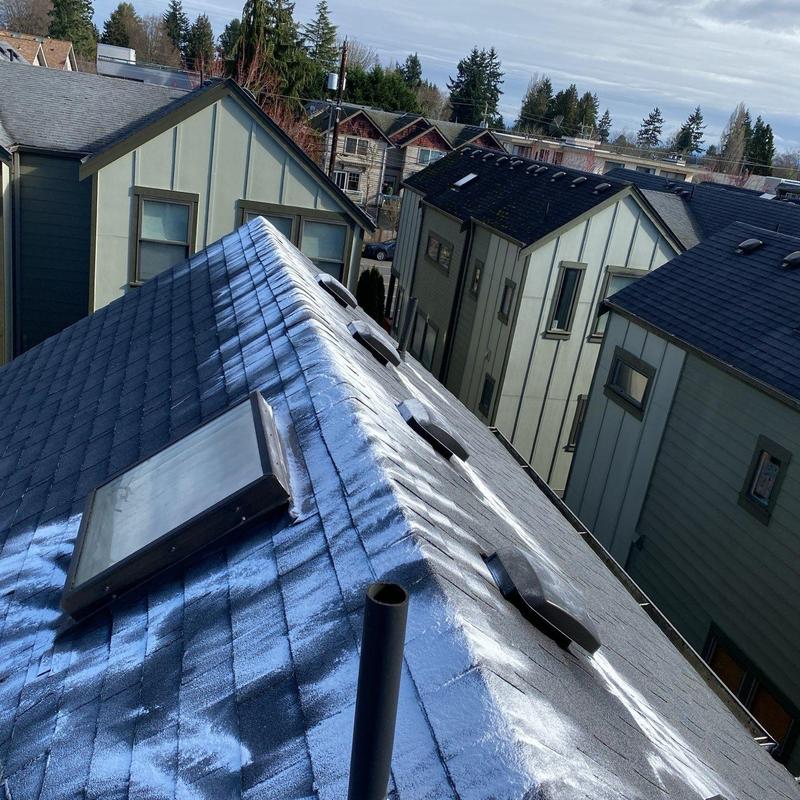 Asphalt shingle roof with skylight and vent pipes