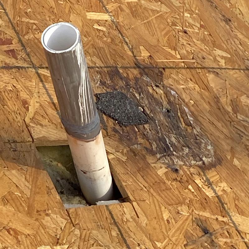 Roof vent pipe with sealed OSB decking cutout