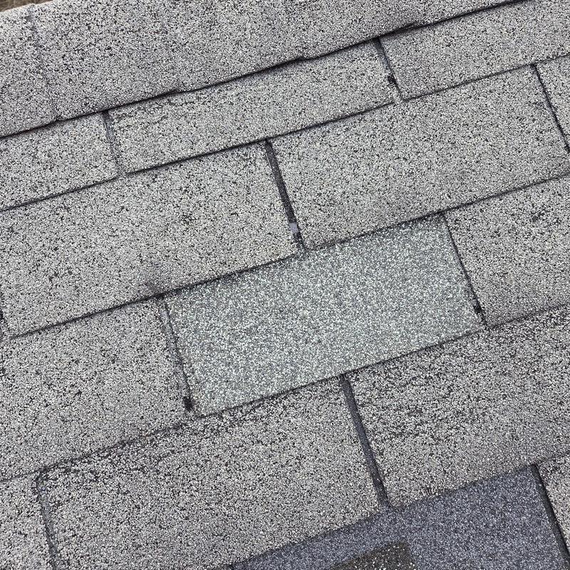 Asphalt roof shingles with one replaced shingle