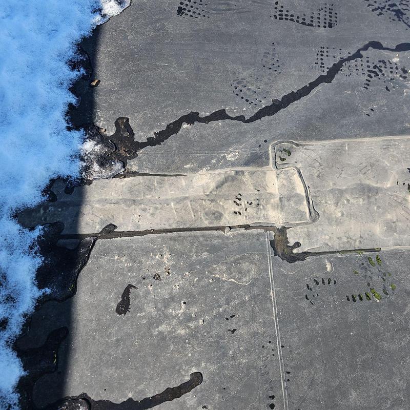 Flat roof membrane with cracked and compromised seams Flat roof membrane with cracked and compromised seams