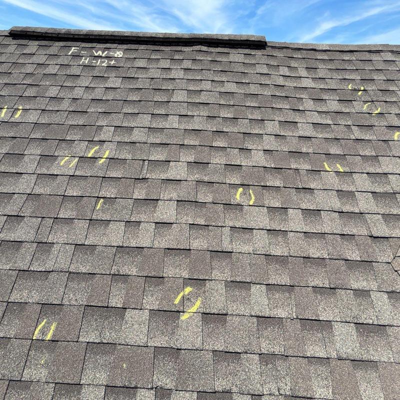 Asphalt shingles with hail damage markings on roof