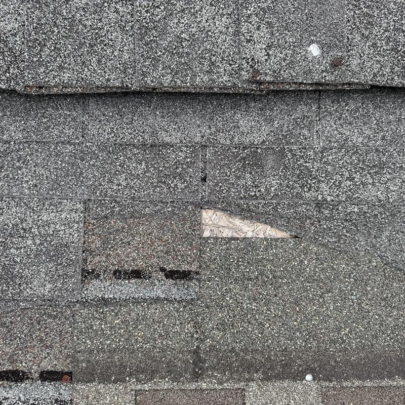 Roof shingles with damaged and missing sections exposed