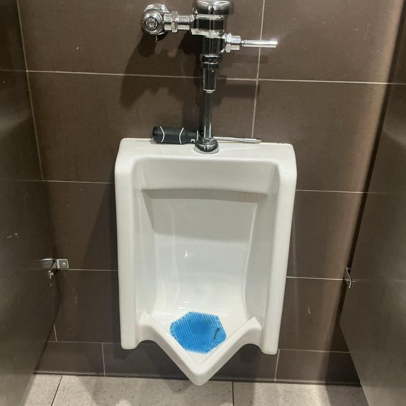 Men's restroom urinal with flush valve and blue deodorizer mat