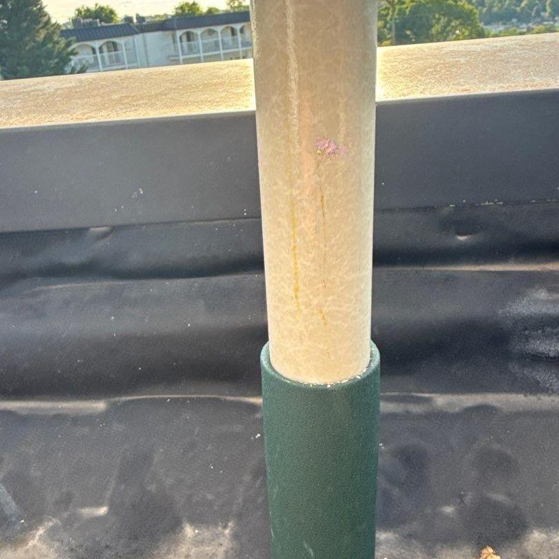 Condominium roof pipe flashing with hail damage