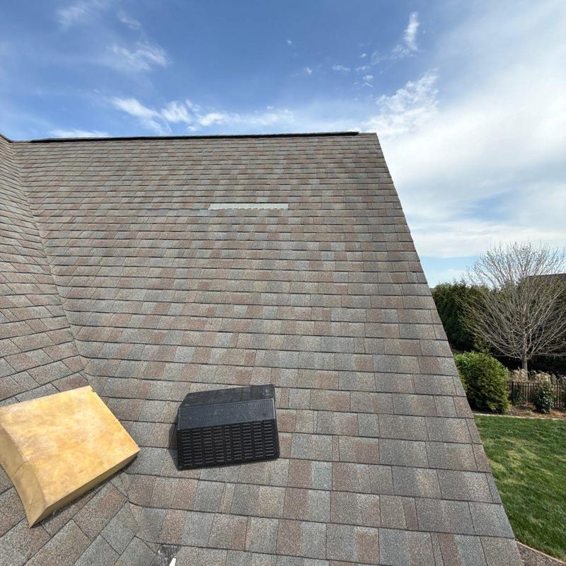 Asphalt shingle roof with hail damage and ventilation vent