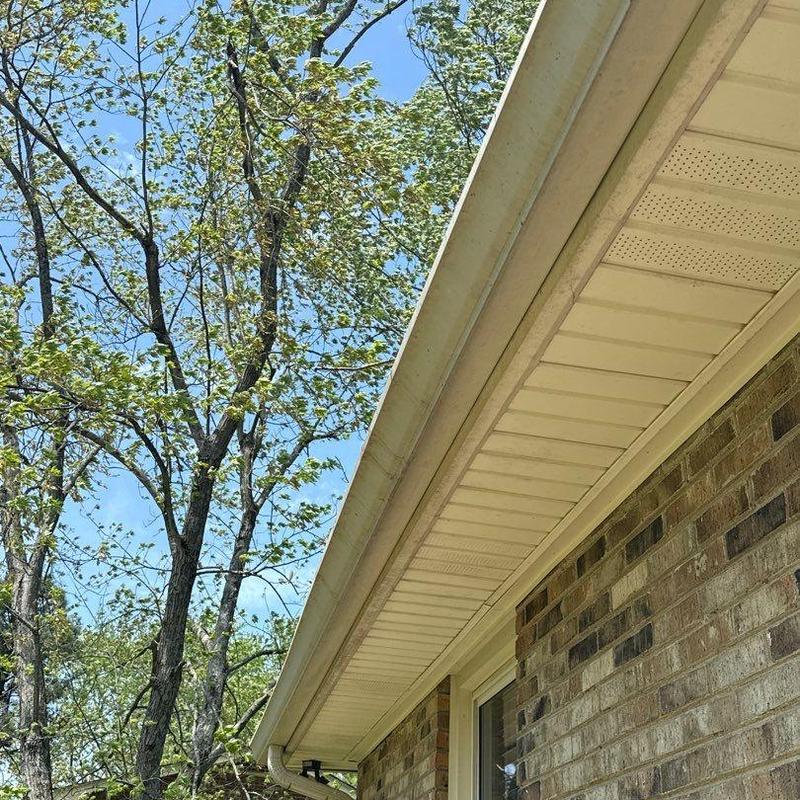 Gutter system and soffit inspection on brick house