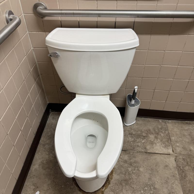Commercial toilet bowl and tank in restroom corner