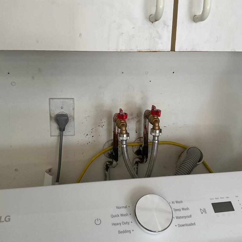 Washing machine valves with supply hoses installed
