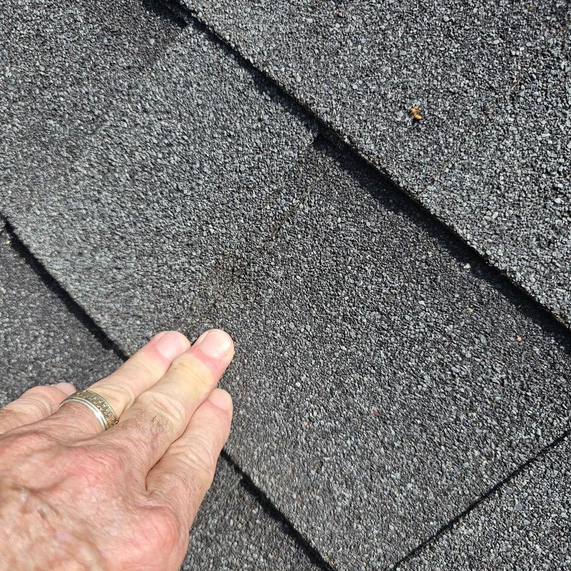 Asphalt shingle roof hail damage close-up with hand