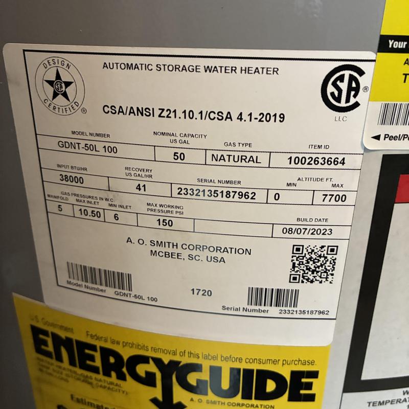 50-gallon water heater specification label close-up
