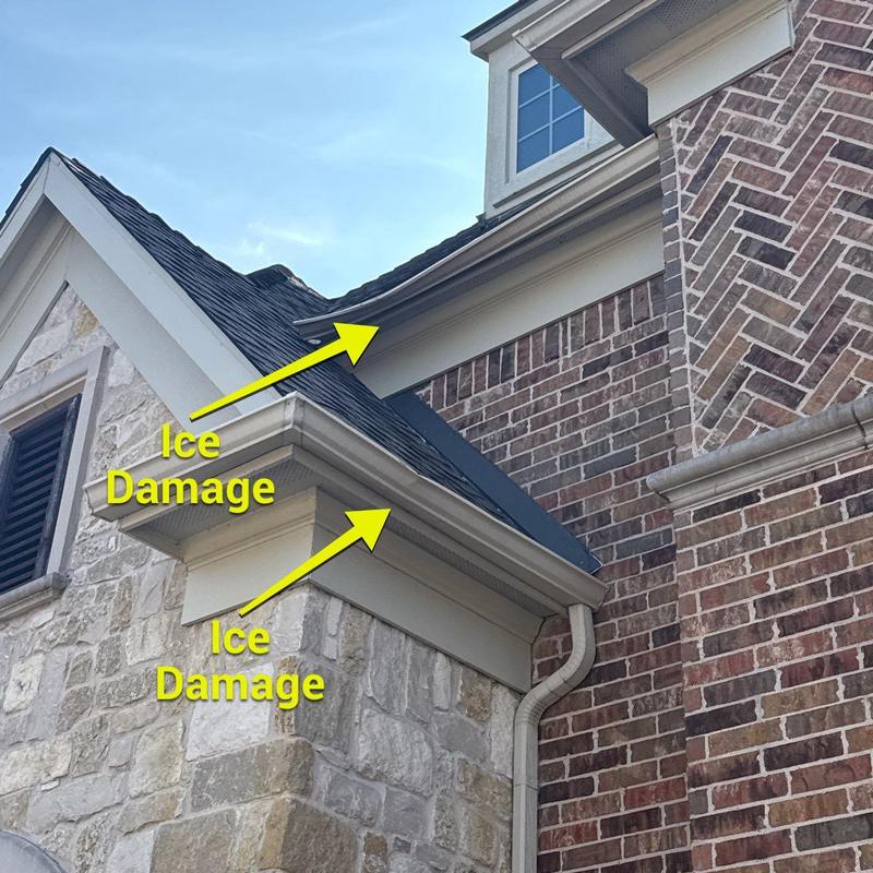 Seamless Herringbone gutters with ice damage on roof edge