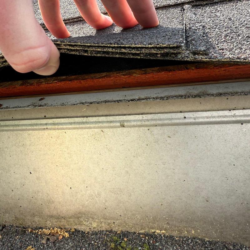 Asphalt shingles lifted to inspect hail damage on roof edge