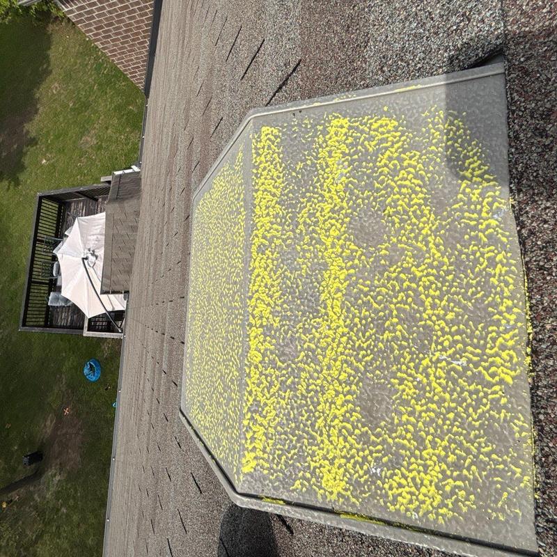 Roof ridge cap with hail damage markings