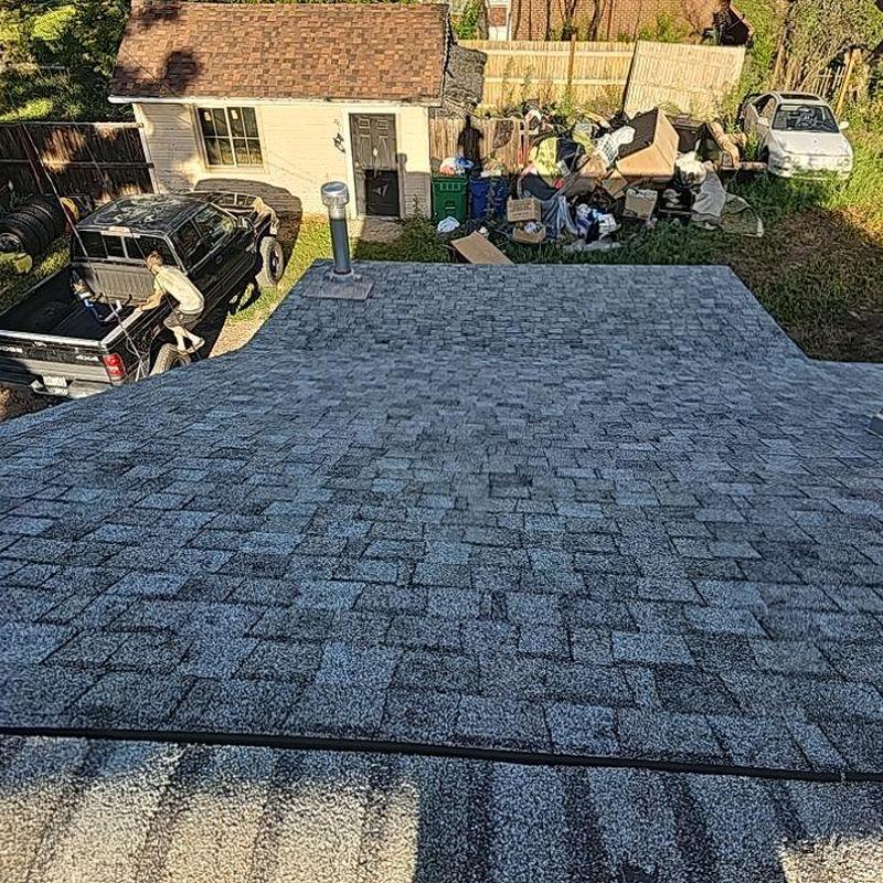 Asphalt shingle roof with visible granule loss and wear Asphalt shingle roof with visible granule loss and wear