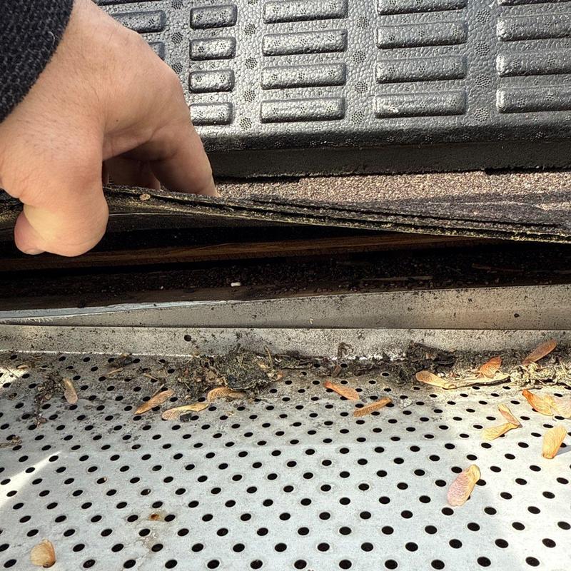 Asphalt shingles lifted for roof inspection near gutter guard