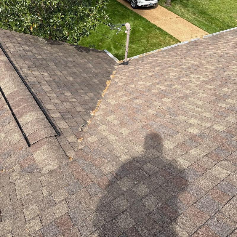 Asphalt shingle roof with hail damage and debris buildup