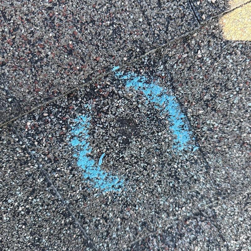 Roof shingle with hail damage marked in blue paint