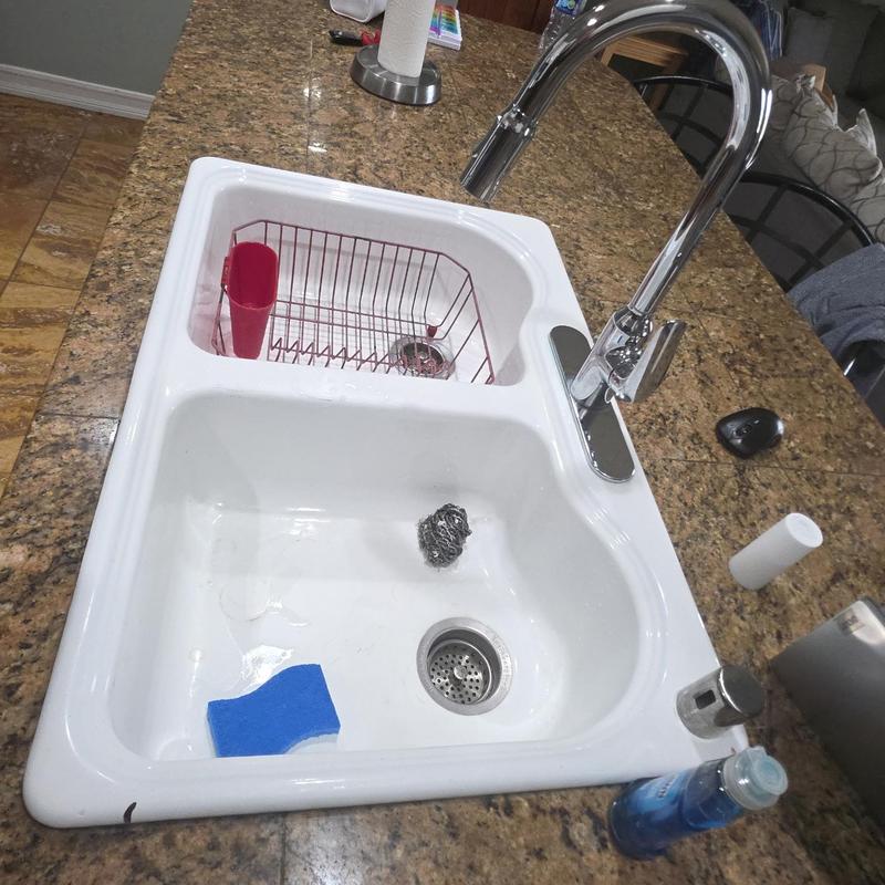 Kitchen sink and faucet with dish rack installation