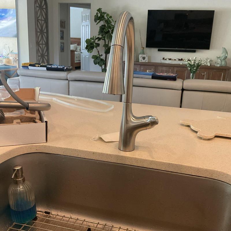 Kitchen faucet with pull-down sprayer installed