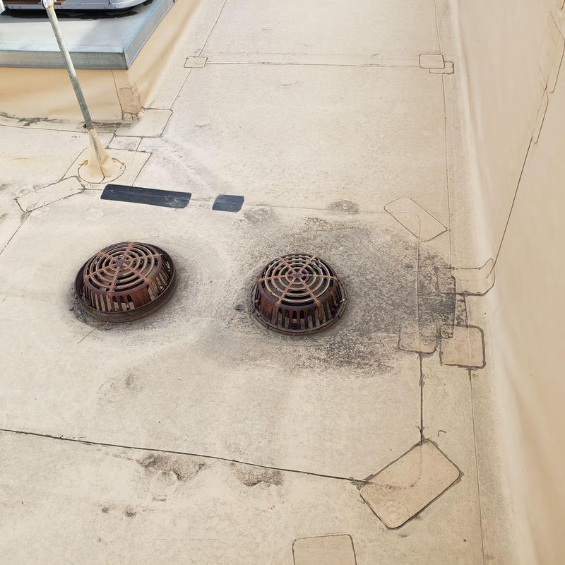 TPO flat roof drains with surrounding dirt buildup TPO flat roof drains with surrounding dirt buildup