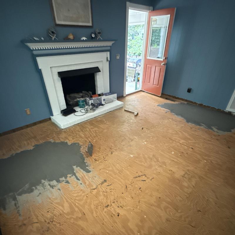 Plywood subfloor with patch repairs in living room Plywood subfloor with patch repairs in living room