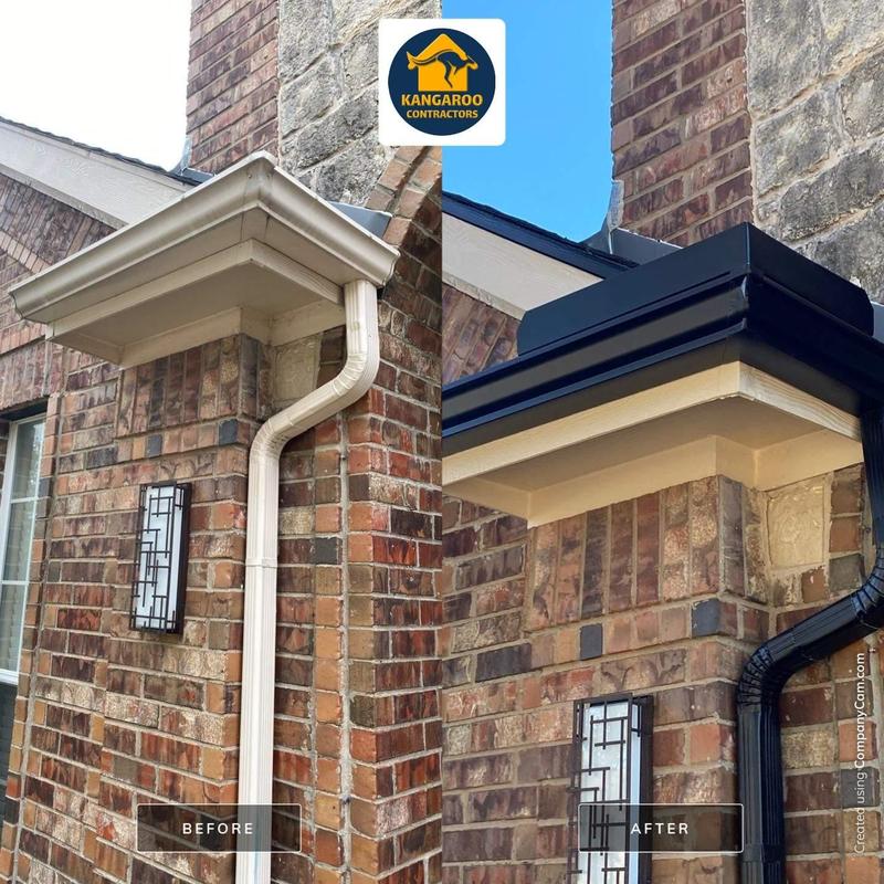 Black seamless gutters and downspouts replacement before after