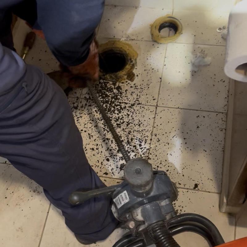 Toilet drain clog removal with plumbing snake