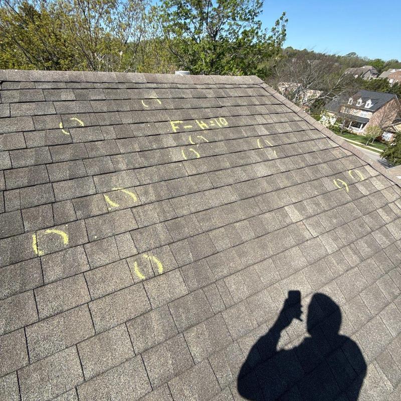 Asphalt shingle roof with hail damage markings