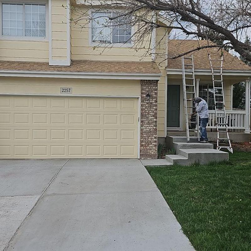 Asphalt shingle roof with ladders and technician Asphalt shingle roof with ladders and technician
