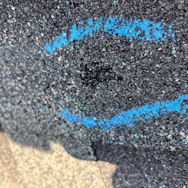 Asphalt shingle hail damage marked with blue spray paint
