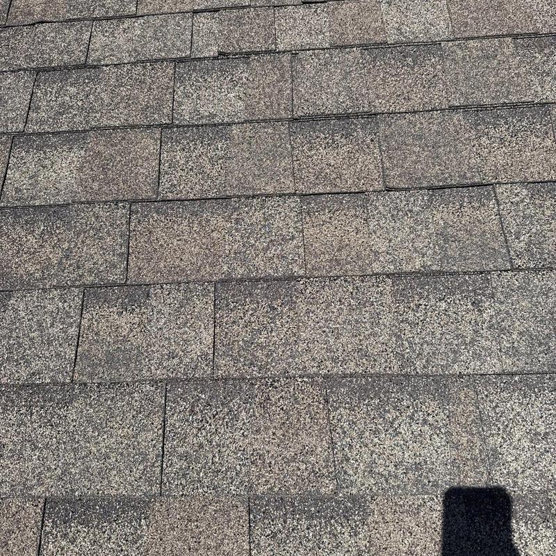 Asphalt roof shingles with potential hail damage granules