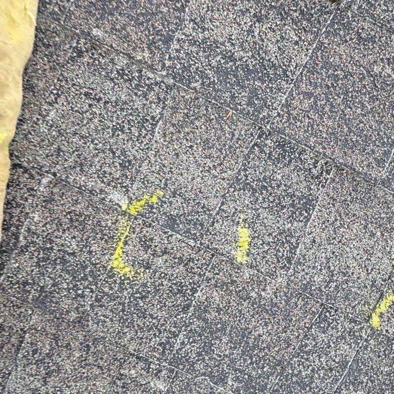 Asphalt shingles with marked hail damage spots