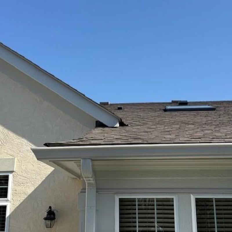 Asphalt shingle roof with skylight and gutter system Asphalt shingle roof with skylight and gutter system
