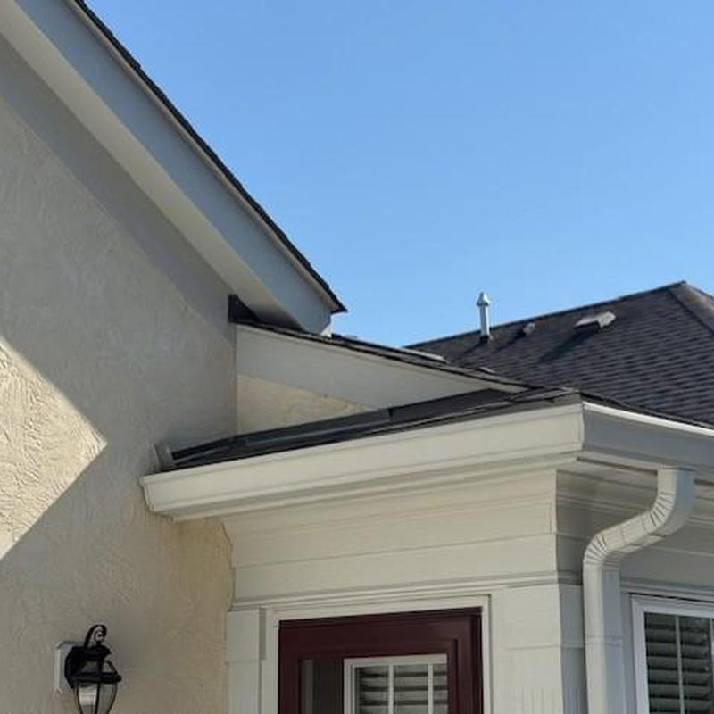 Asphalt shingle roof and gutter above patio door Asphalt shingle roof and gutter above patio door