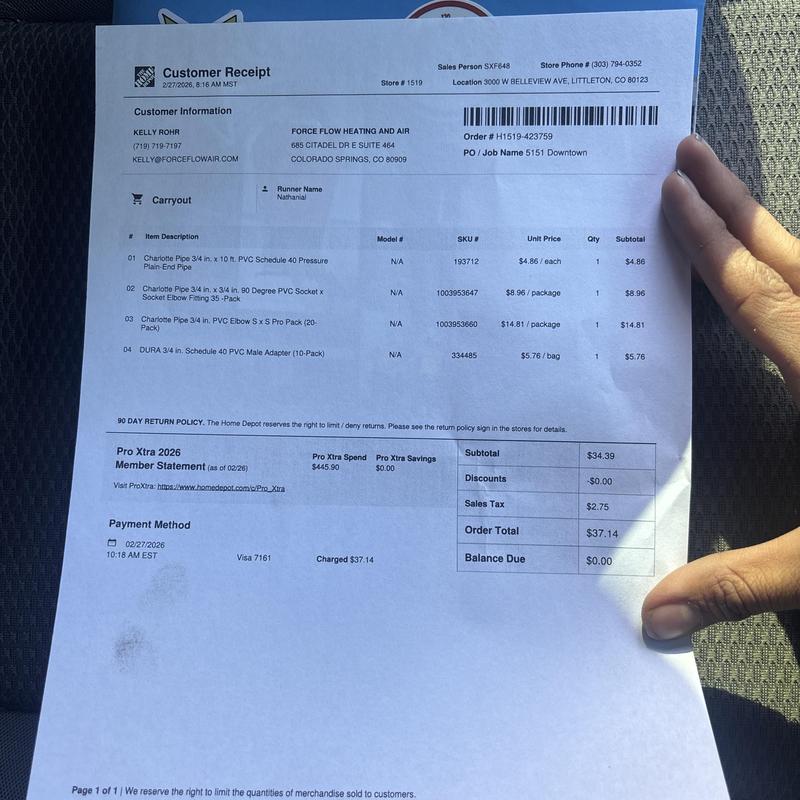 PVC pipe fittings purchase receipt for HVAC installation