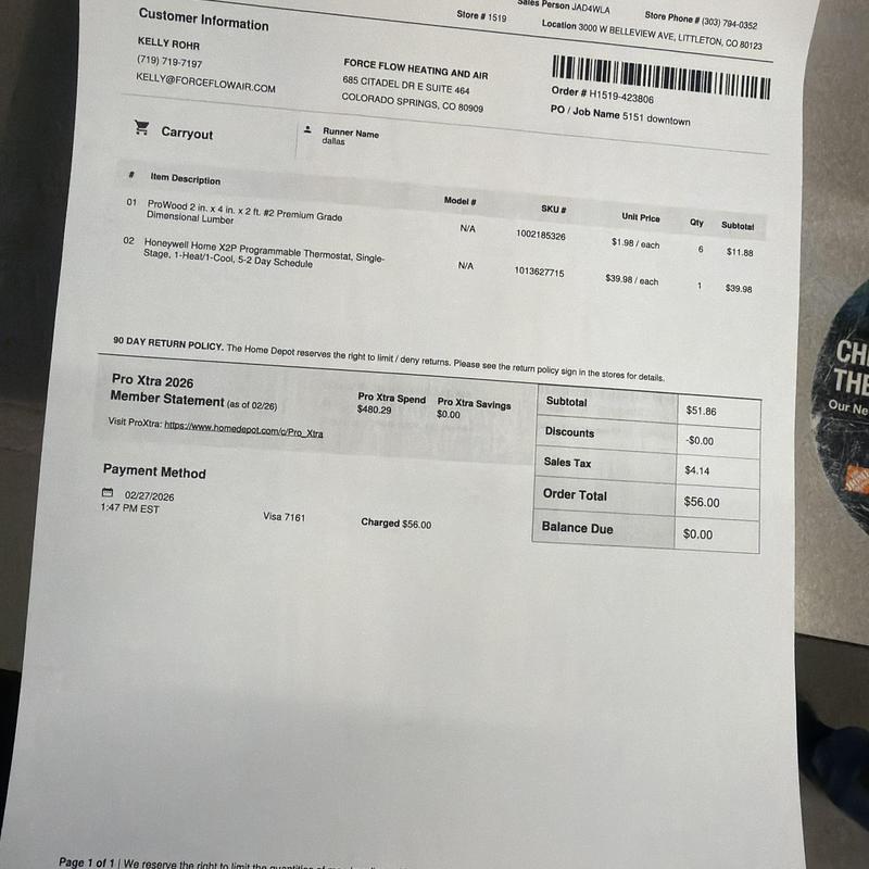 Programmable thermostat and lumber purchase receipt