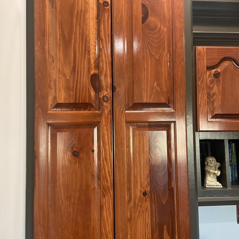Wood cabinet doors with stain and seal finish