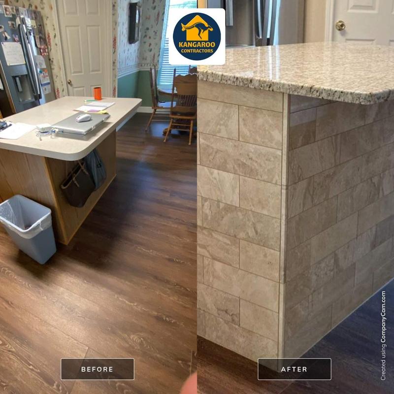 Kitchen island tile backsplash with quartz countertop