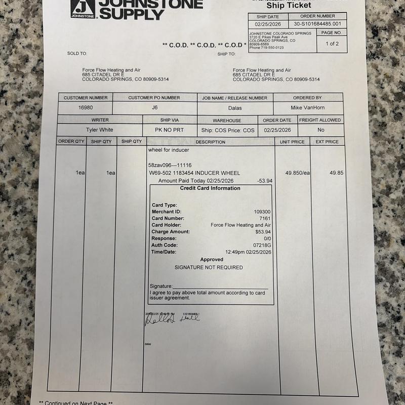 Inducer wheel for HVAC system in Colorado Springs invoice