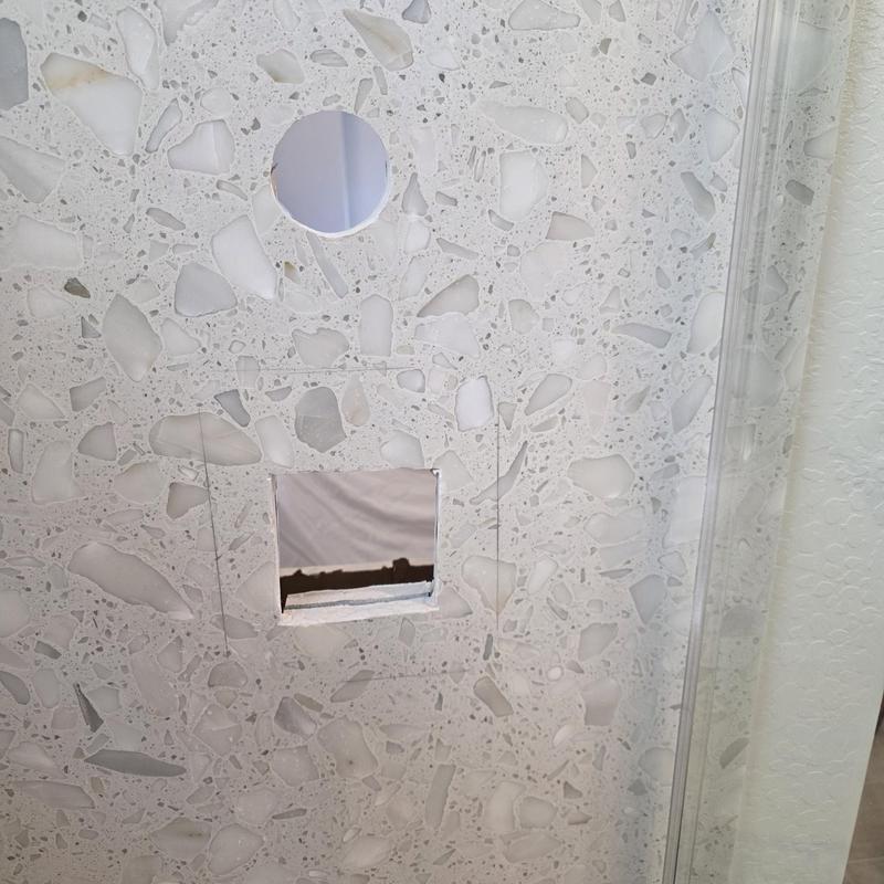 Delta mixing valve and diverter cutout in shower wall