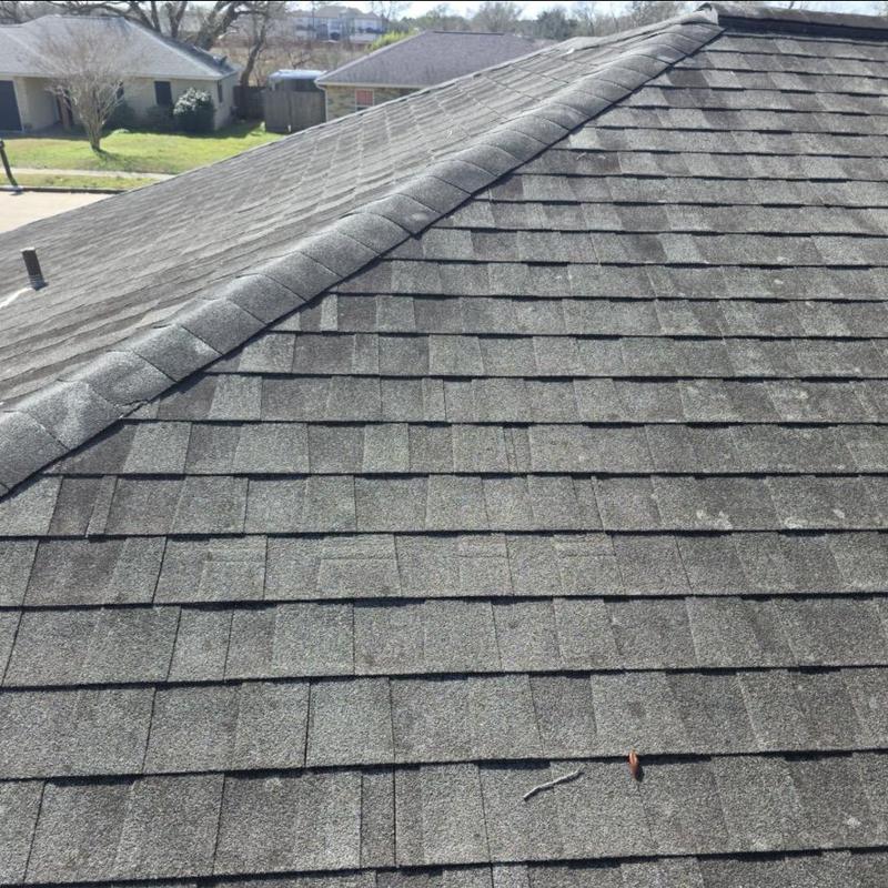Asphalt shingle roof with ridge cap wear and damage