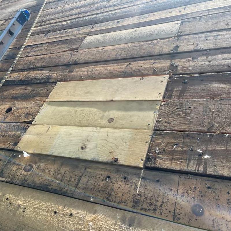 Roof decking with new plywood patch installation