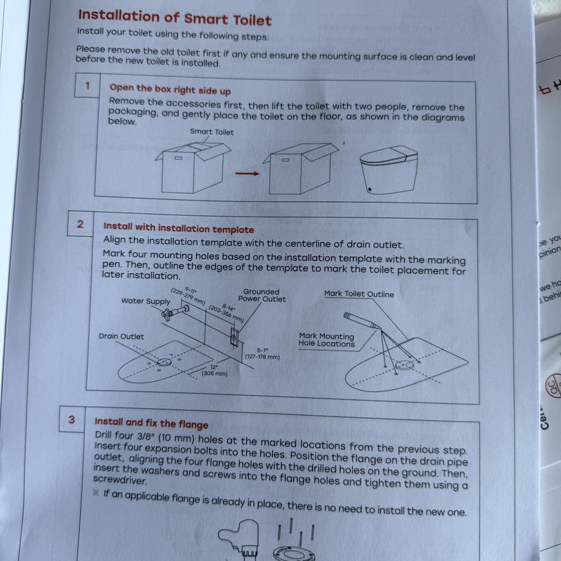 Smart toilet installation template and flange setup instructions