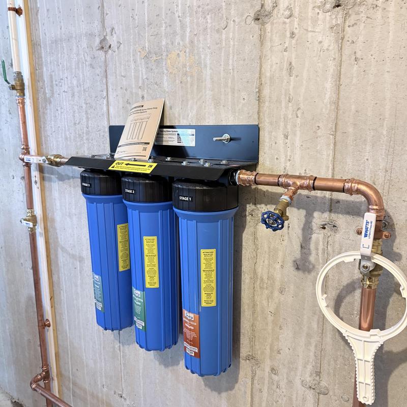 Three-stage water filtration system on copper piping