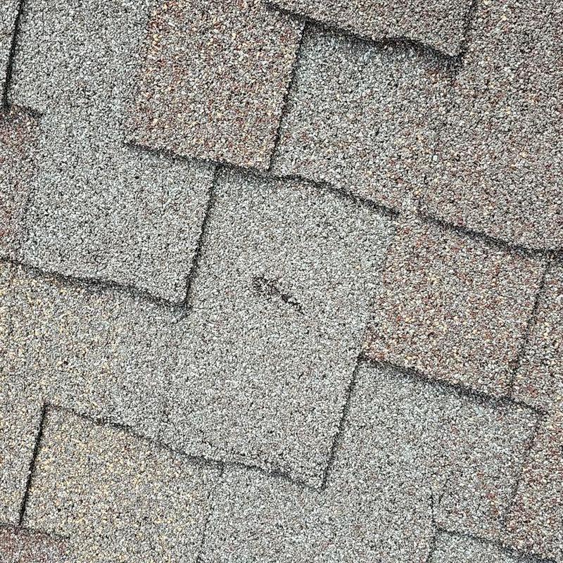 Shingle roof granule loss from hail damage close-up Shingle roof granule loss from hail damage close-up