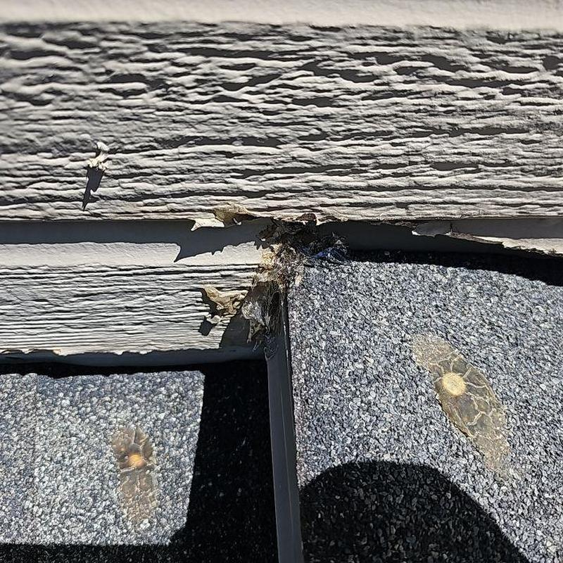 Shingle roof flashing and siding damage close-up Shingle roof flashing and siding damage close-up