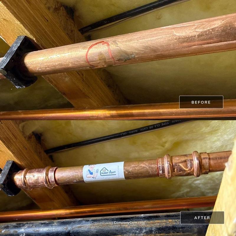 Copper cold water pipe leak before and after repair