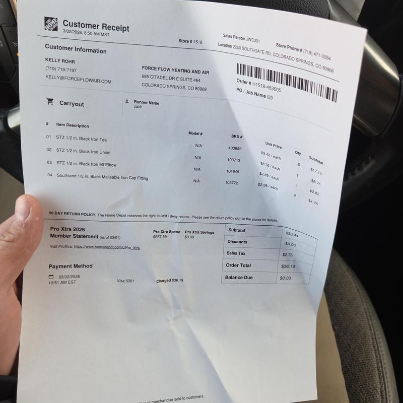 Black Iron gas fittings and elbows receipt