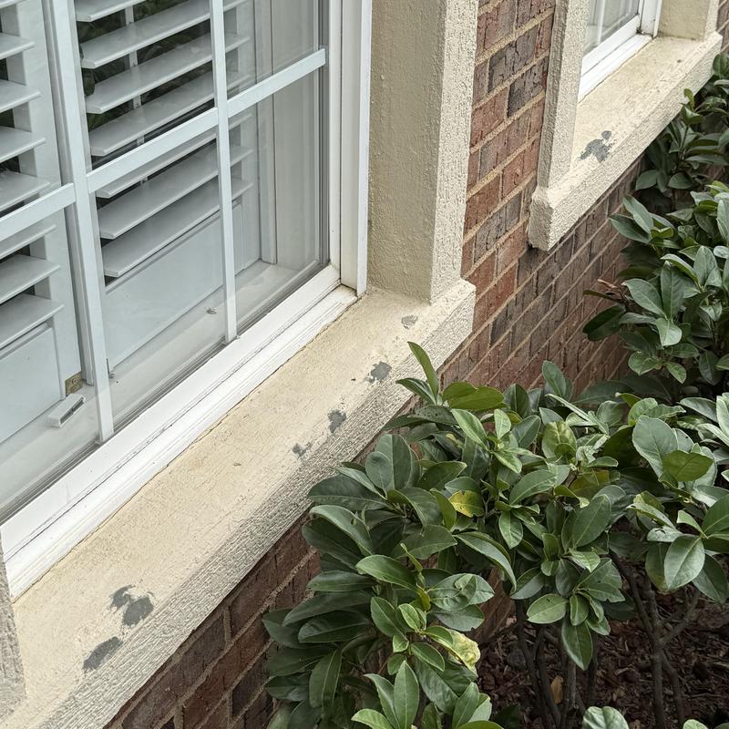 Stucco damage and holes near window ledge