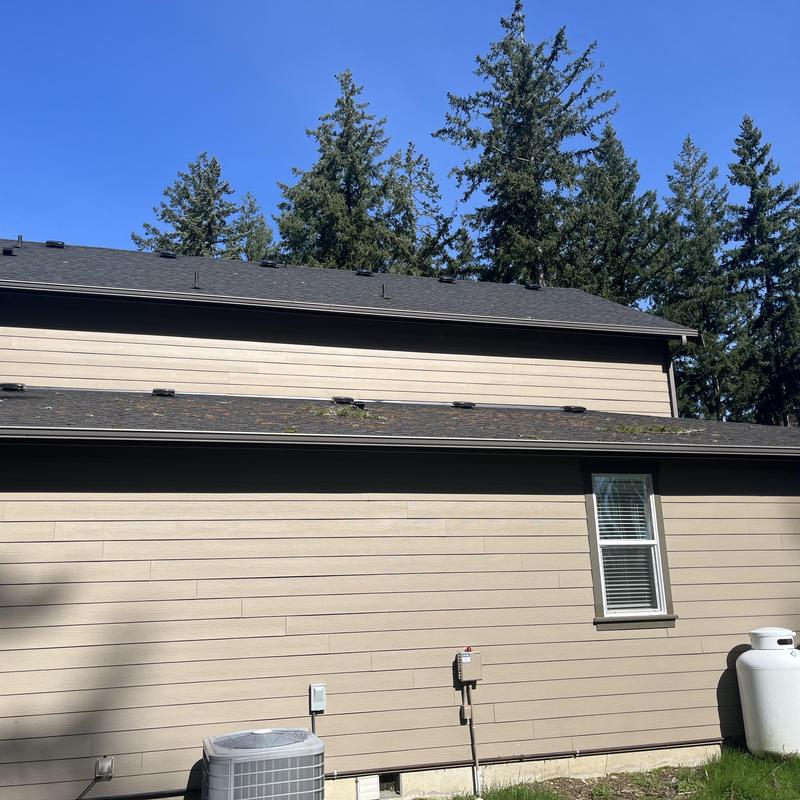 Asphalt shingle roof with moss spots under clear sky Asphalt shingle roof with moss spots under clear sky